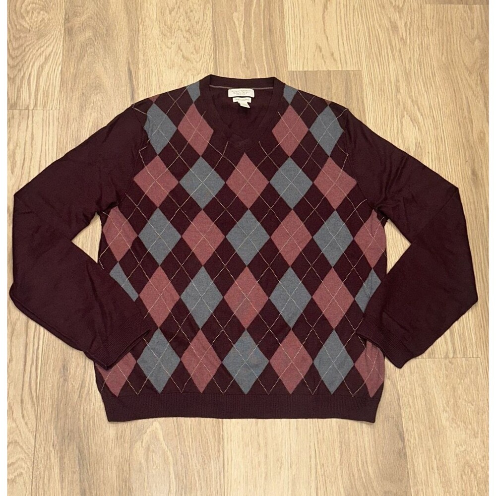 Banana Republic Silk Cashmere Argyle Sweater Red Pink Gray Mens L 2000s READ